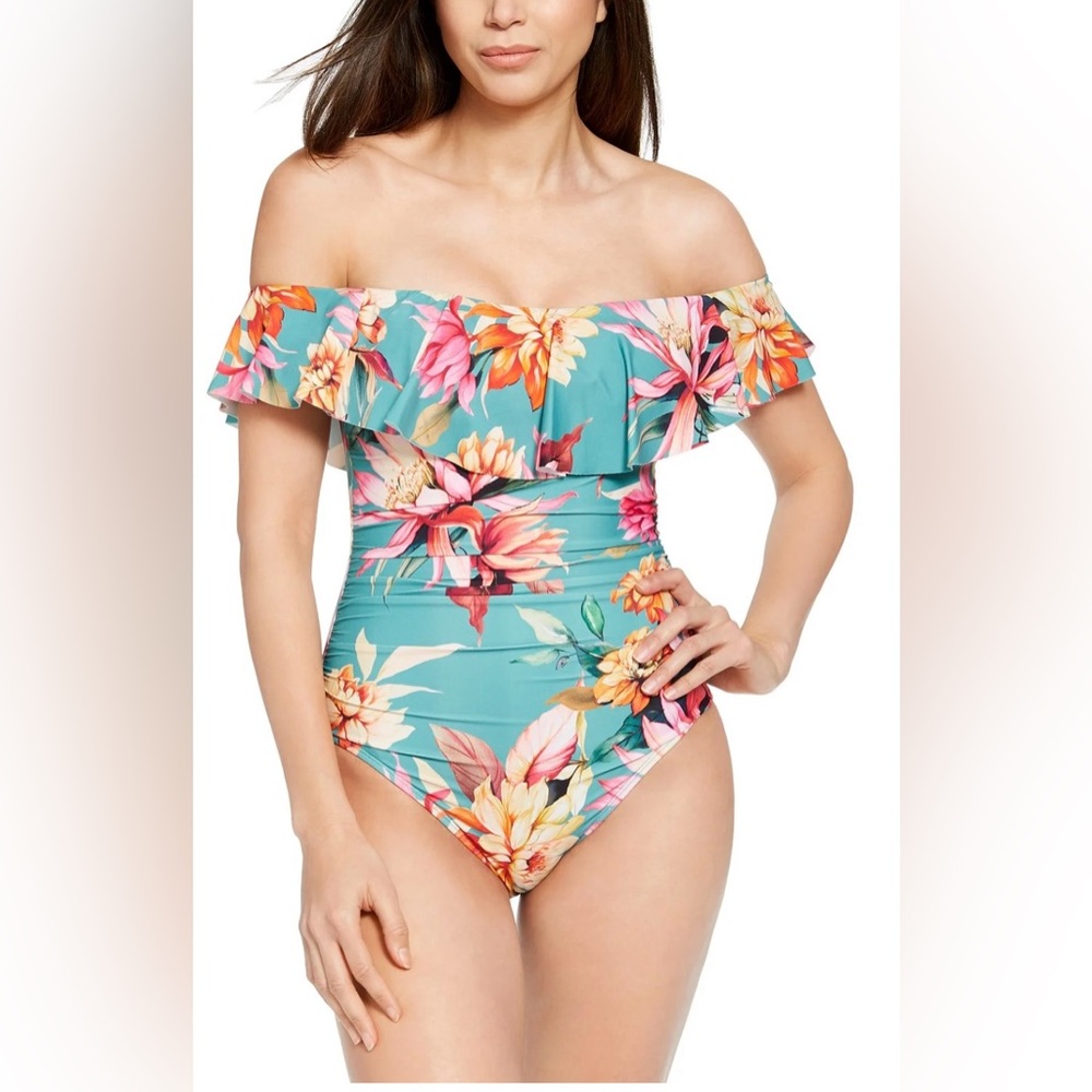 La Blanca ALOE GREEN FLORAL
Garden Off-The-Shoulder One-
Piece Swimsuit,